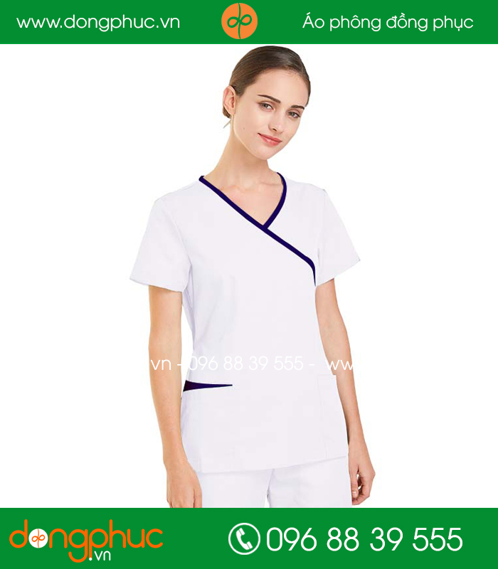 đồng phục spa màu trắng viền tím than